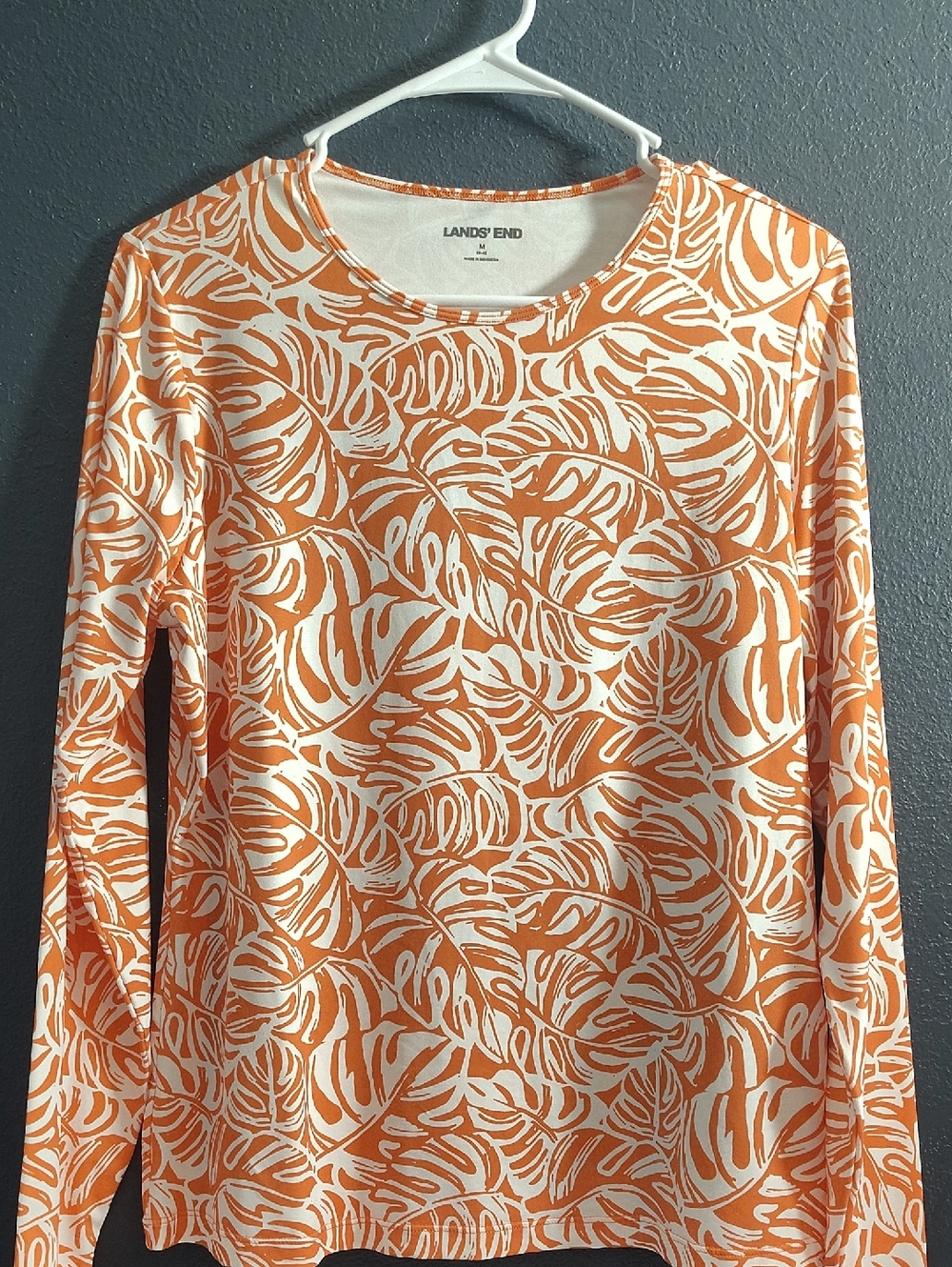 Lands' End Orange and Cream Leaf-Print Long Sleeve Coverup